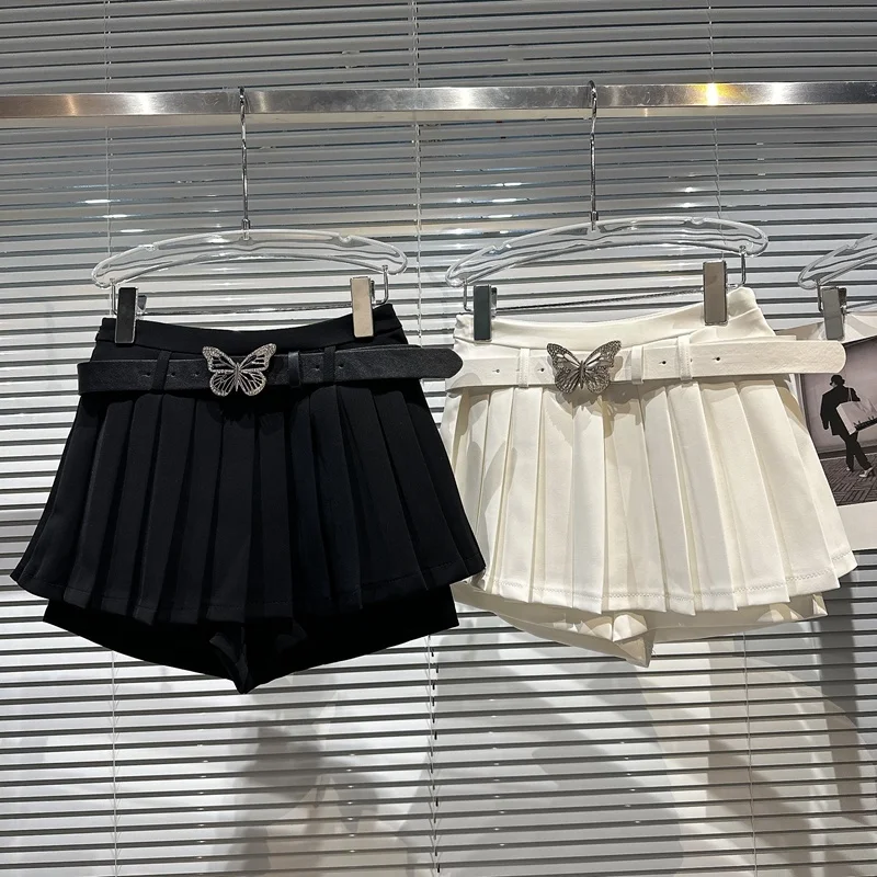

PREPOMP 2023 Spring Summer New Collection Metal Bow Belt Pleated Shorts Skirt Women New Design GH429