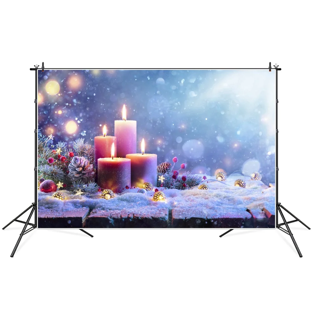 

Christmas Candles Pine Cone Twig Snowflake Light Bokeh Photography Background Custom Party Decoration Photo Booth Backgrounds