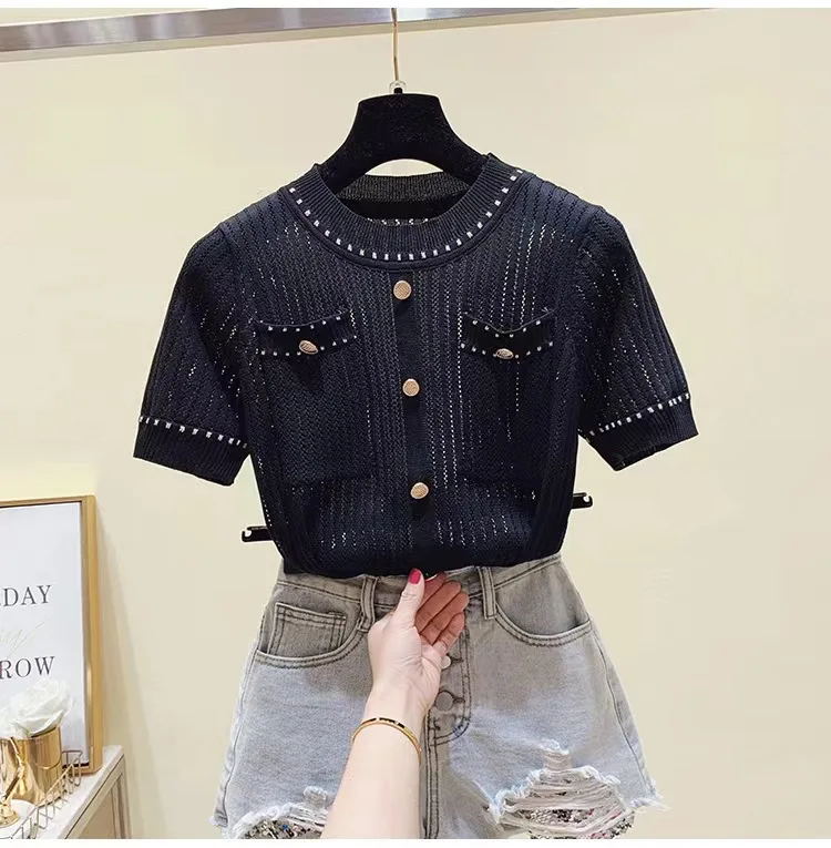 

Новинка лета 2022, стильная тонкая трикотажная блузка с круглым вырезом и короткими рукавами