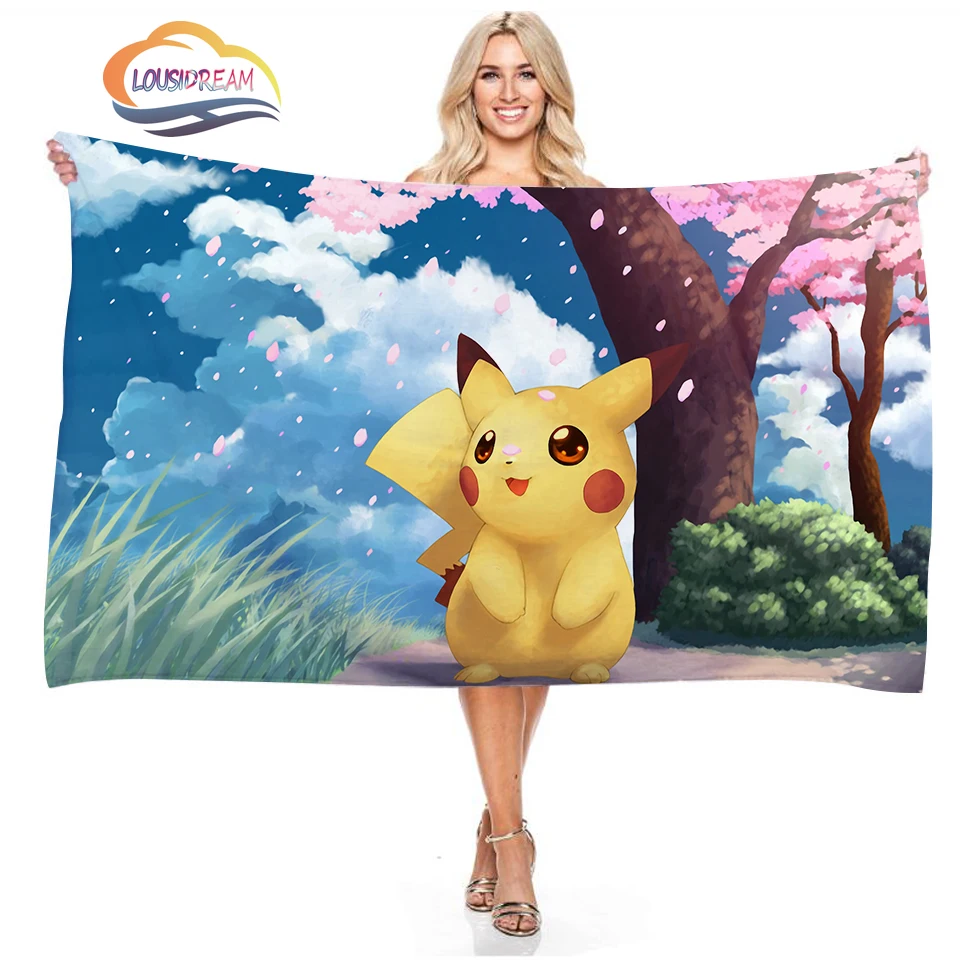 Милое пляжное полотенце Pikachu Покемон микрофибра двустороннее бархатное для