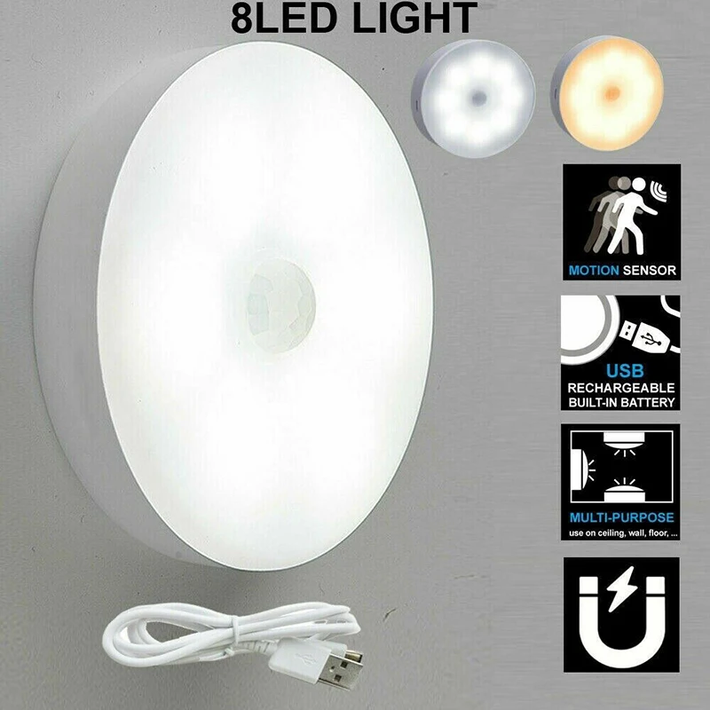 Motion Sensor LED Night Light USB Rechargeable Night Lamp for Kitchen Bedroom Stairs Hallway Cabinet Light Wireless Closet Light