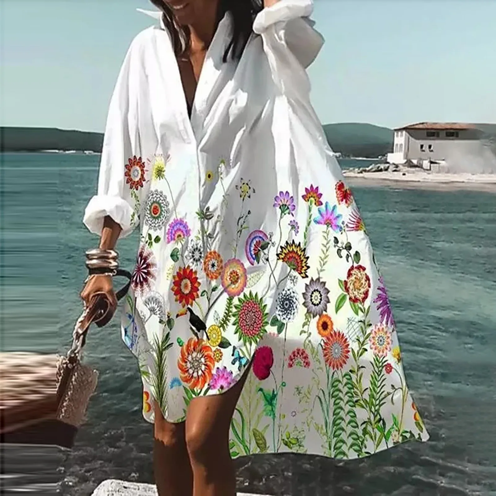 

2022 New Arrivals Bohemian Beach Loose Shirt Dress Women Summer New Turn-down Collar Long Sleeve Casual Party Sundress Female