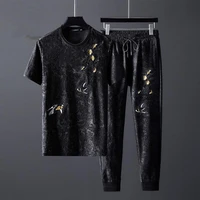 light luxury high end dark print jacquard casual mens suit summer trend handsome short sleeve sports pants two piece set