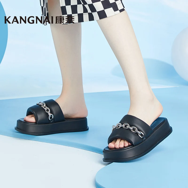 

Шлепанцы Kangnai женские из ПУ кожи, плиссированные, без застежки, сланцы, на платформе, плоская подошва, летняя пляжная обувь