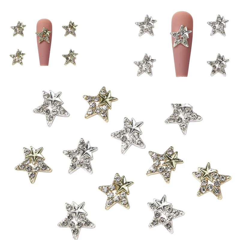 

10Pcs Star Alloy Rhinestone Nail Art Charms Gold/Silver Luxury Shiny Rhinestones Press on Nail Decorations DIY Ornament Supplies