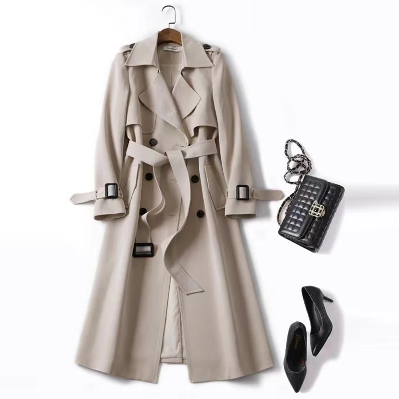 Женский однотонный Тренч средней длины двубортный элегантный в клетку с поясом