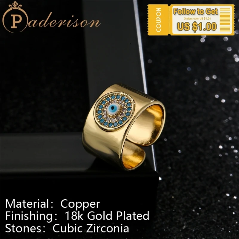 

Vintage 18K Gold-Plated Evil Eyes Wide Opening Ring Unisex Men Women Retro Ethnic Copper Zircon Devil's Eye Adjustable Ring