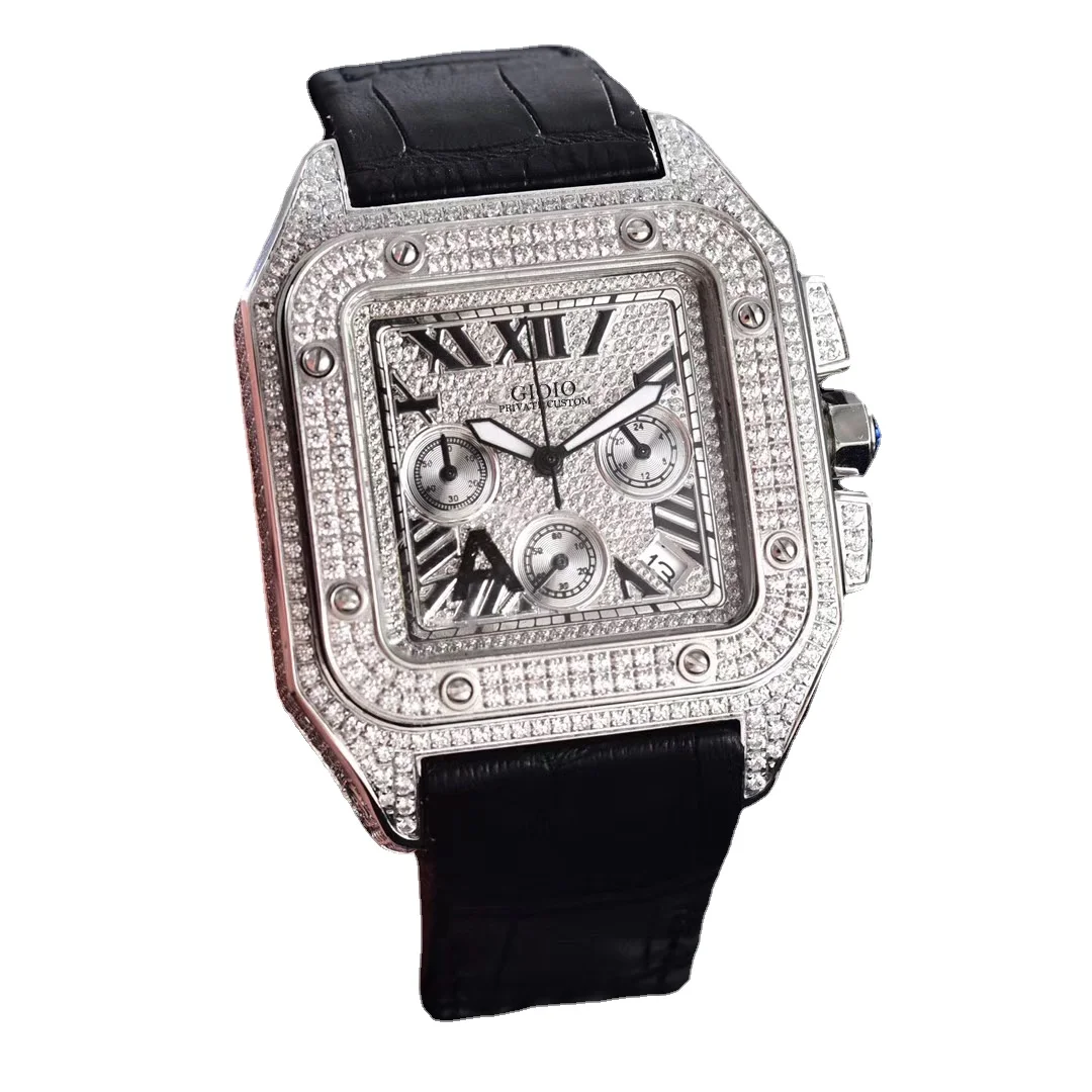 

men quartz chronograph watch iced diamond black leather rome