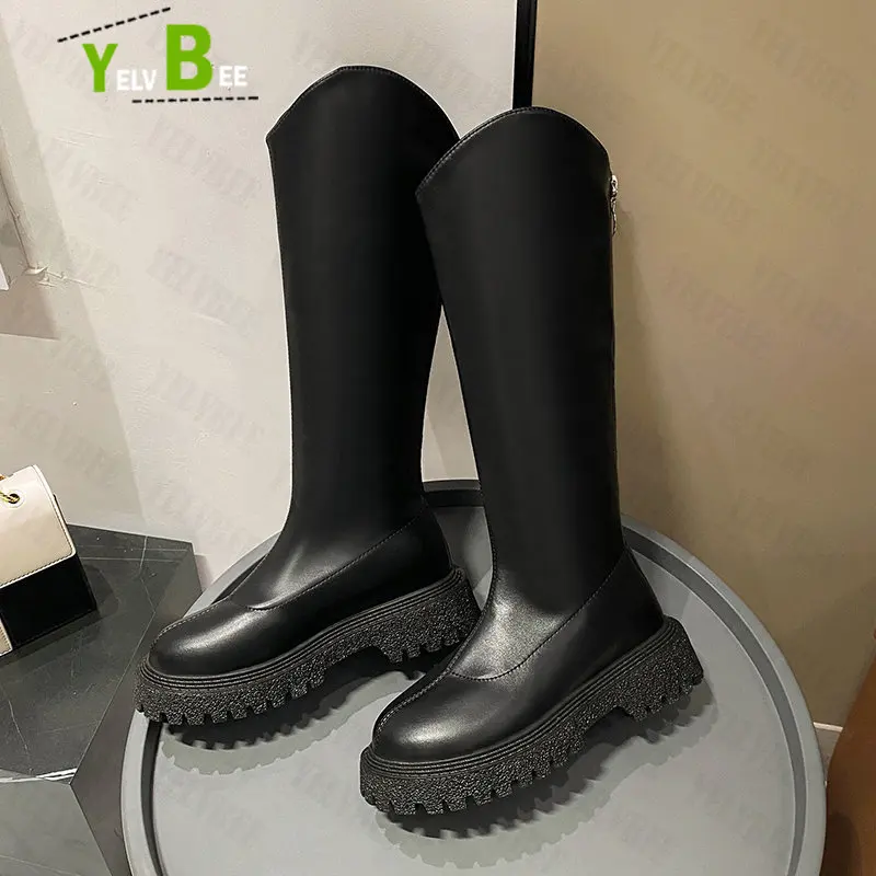 

Knee High Chelsea Women Boots Shoes Platform Heels Fashion Winter New Black Plush Warm Cotton Boots Goth Motorcycle Femme Botas