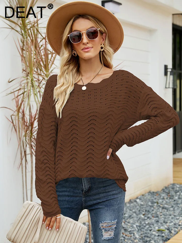 

DEAT Fashion Women's Knitted Pullover Loose Slash Neck Hollow Out Solid Color Lace Off Shoulder Sweater Autumn 2023 New 17A9834