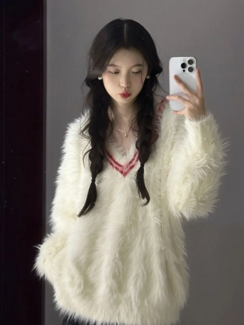 

Women's Sweater Faux Mink Furry Jacket 2023 New Sweet V-neck Soft Y2K Knit Cardigan Korean Style Long Sleeved Pullover Top