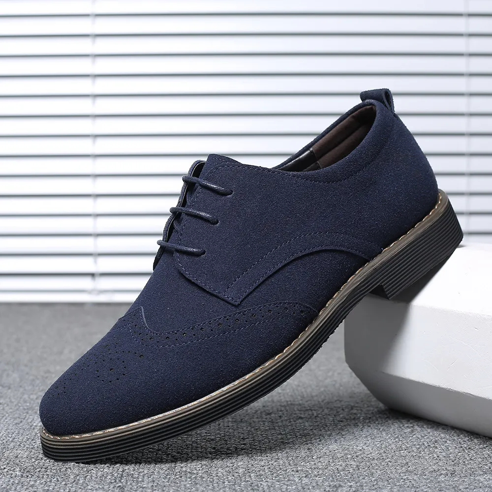 

Aged Fashion Men's Leiusre Blue Suede Leather Shoes Pointed Toe Nubuck Brogue Dress Zapatos For Male Zapatos Size 38-48 ERRFC