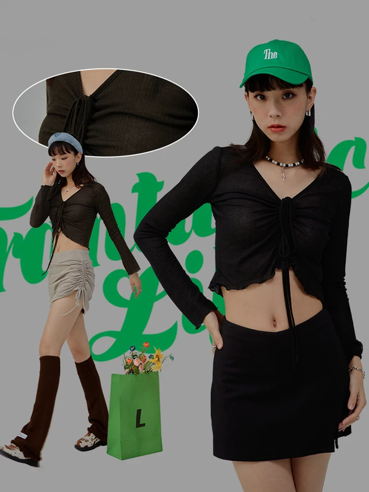 

UIUC V-neck Ribbed Crop Tops Women Sweet Style Ruffled Cuffs Long Sleeve Ribbon Folding Crop Tees 3354GS22