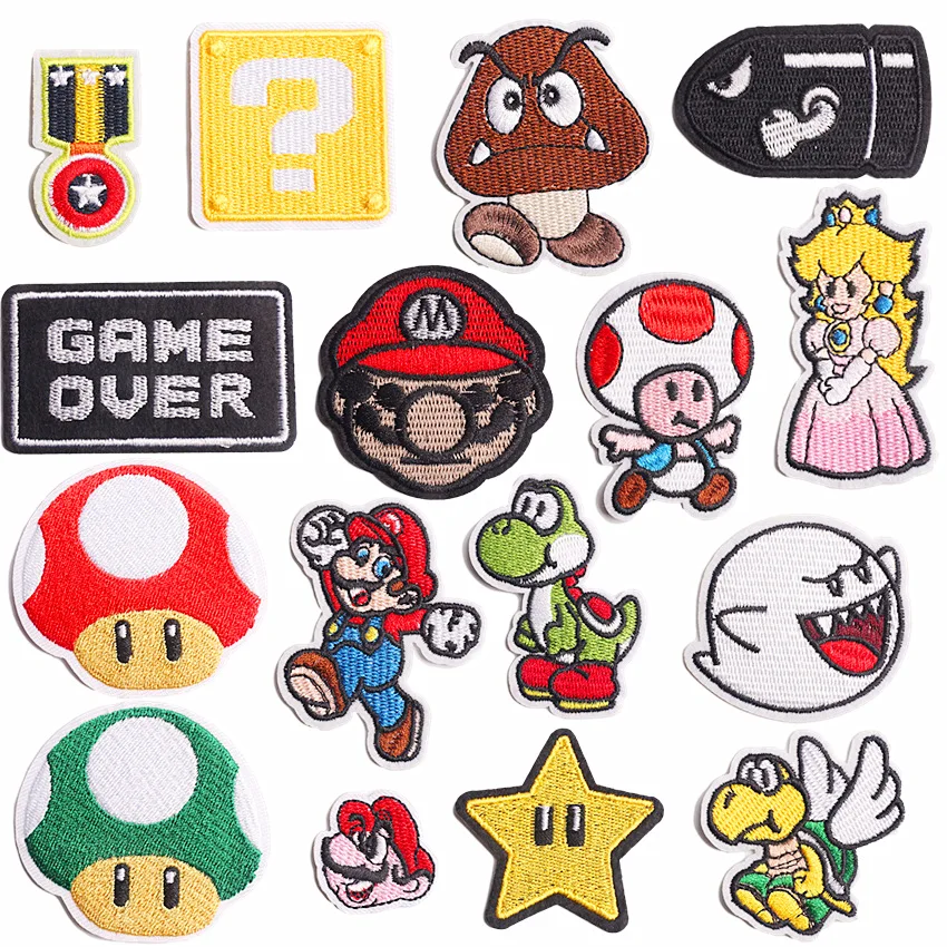 

Super Mario Cartoon Cloth Sticker Mario Bros Game Anime Embroidery Cloth Sticker Children's Clothing Patch Sticker birthday gift