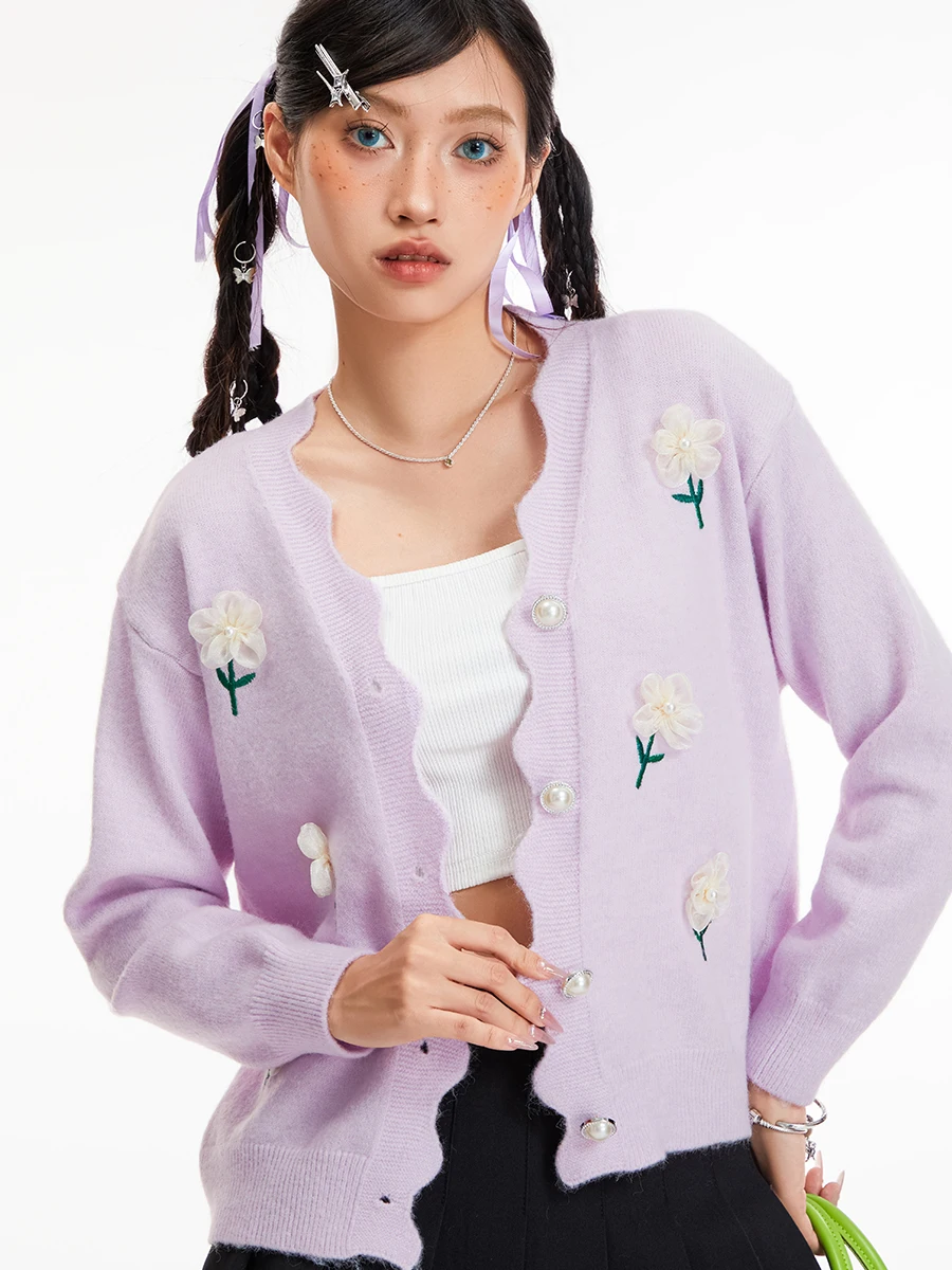 

Women Fairy Cardigans Winter Flower Pattern Cute Sweet Basiics Fashion Long Sleeve V Neck Button Down Open Front Sweater Outwear
