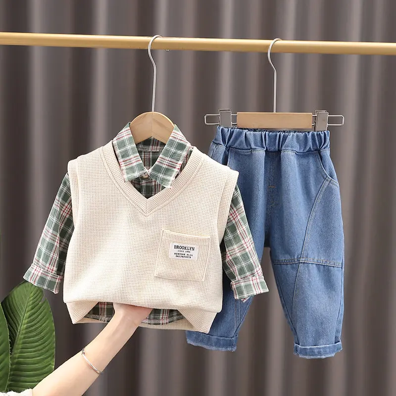 

Baby Boy Cotton Clothes Spring Autumn Children Sweater Vest Plaid Shirt Pants 3Pcs/Set Infant Outfit Kids Toddler 0-5 Years