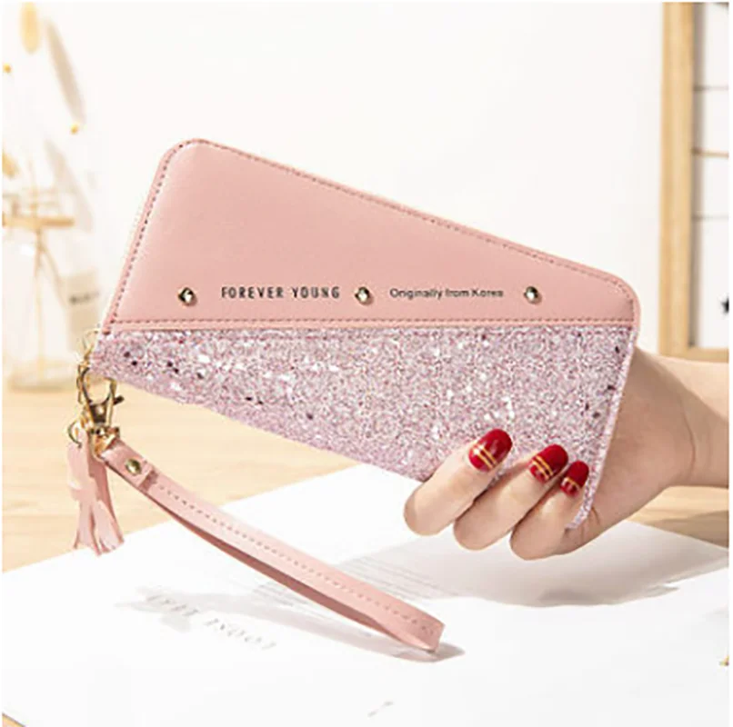 

Fashion Women's Pu Leather Long Wallets Sequins Patchwork Glitter Coin Purse Female Girls Gifts 2022