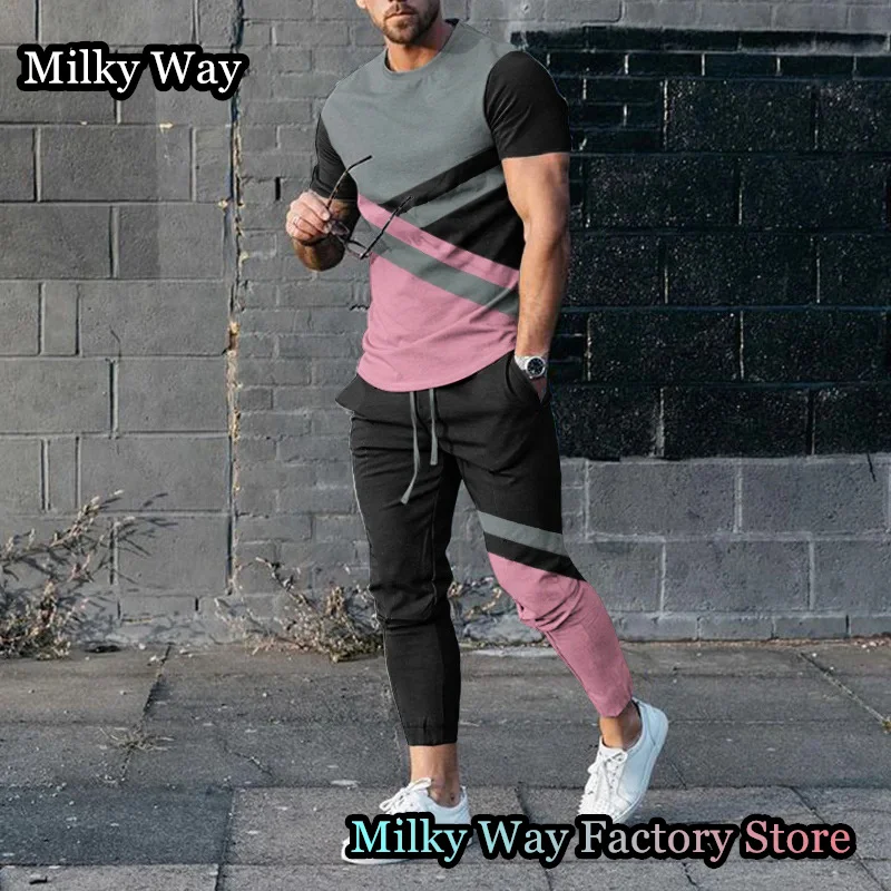 Summer Men Colorful Tracksuit 2 Pieces Color Block T-Shirt Trousers Set Casual Jogging Suit Fashion Outfit Male Streetwear