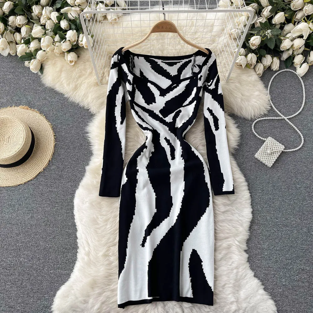 

Black and White Printing Bodycon Knitted Dresses 2023 Spring Women's Long Sleeve Sexy Fashion Elegant Casual Evening Dresses
