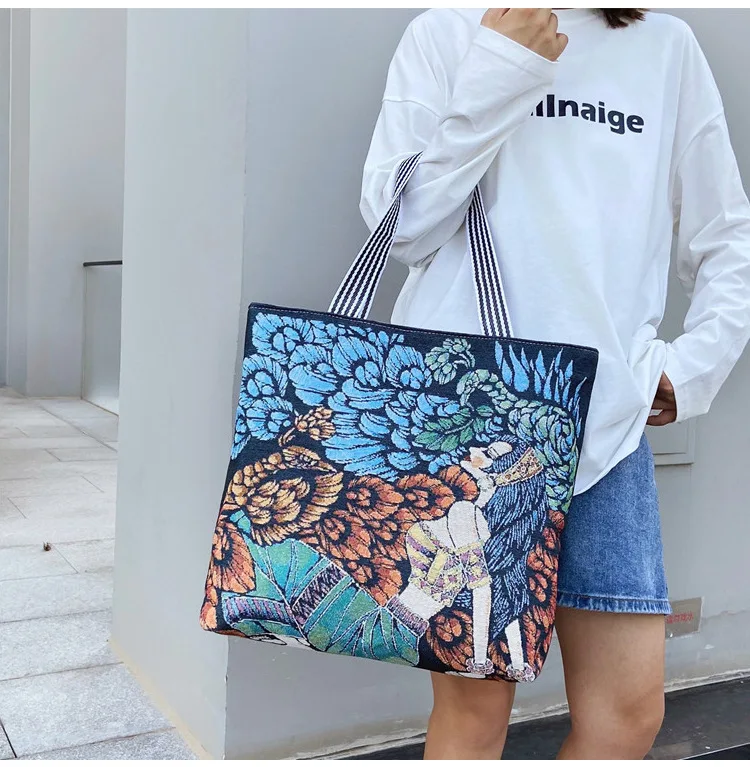 British retro ladies canvas bag ethnic style large-capacity handbags student canvas shoulder bags reusable ladies shopping bags