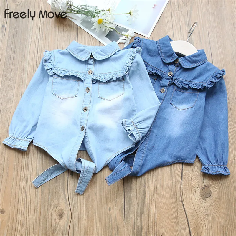 

Freely Move Baby Shirt 2022 Spring New O-Neck Collar Butterfly Sleeve Jeans Shirt Coat Girls Tops Baby Clothes 2-7Years