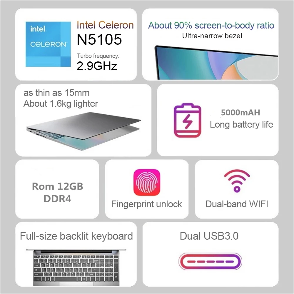 Новый 16-дюймовый ноутбук Intel N5105 32 ГБ ОЗУ 2 ТБ SSD DDR5 Windows 11 разблокировка отпечатков