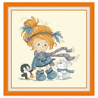 the little girl and friends cross stitch kit cartoon 18ct 14ct 11ct light yellow fabric cotton silk thread embroidery diy