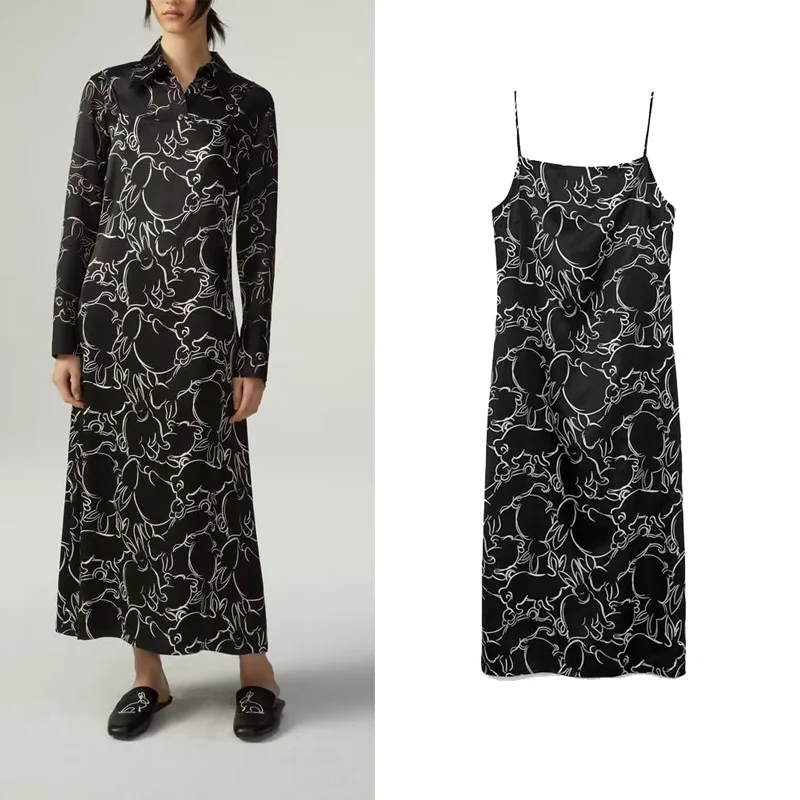 

Spring New Casual All-match Fashion Print Sexy Backless Black Satin Suspender Dress