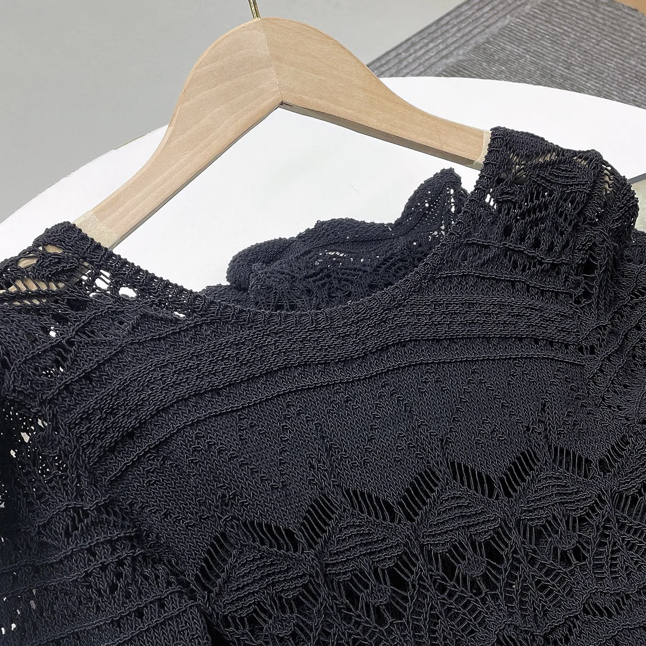 Women Elegant Black Openwork Knitted Dress Casual O-neck Long Sleeve Full Dresses Fashion Embroidery Lace Vestidos Lady Summer