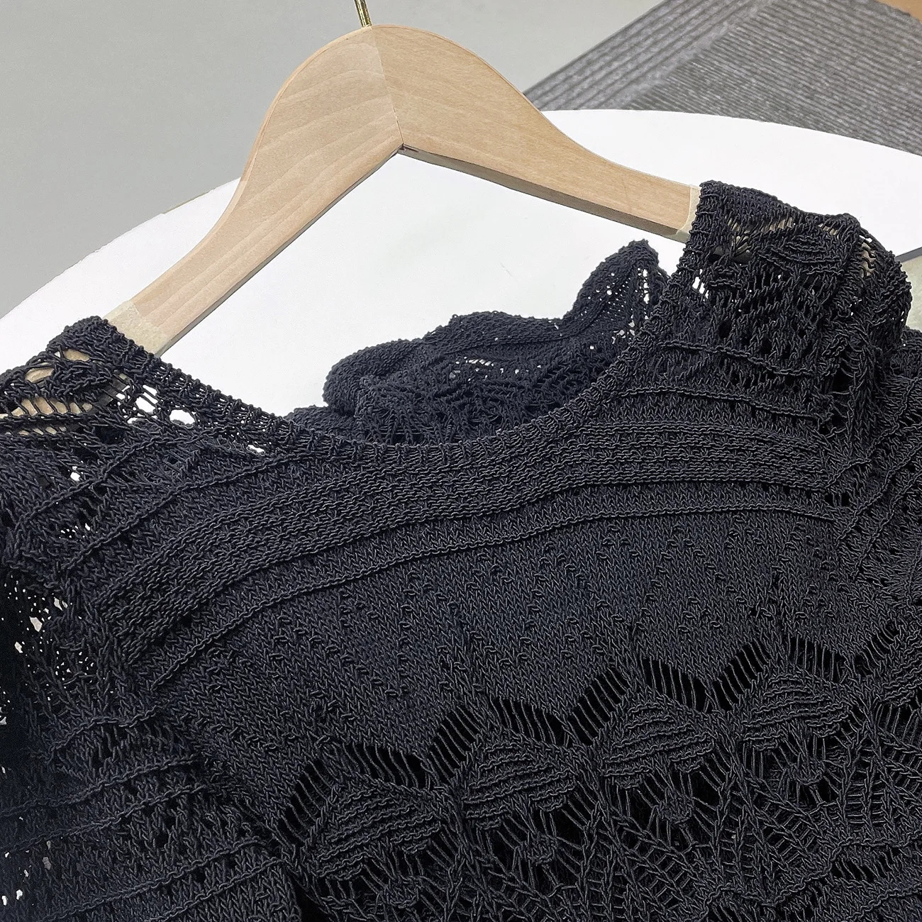 

Women Elegant Black Openwork Knitted Dress Casual O-neck Long Sleeve Full Dresses Fashion Embroidery Lace Vestidos Lady Summer