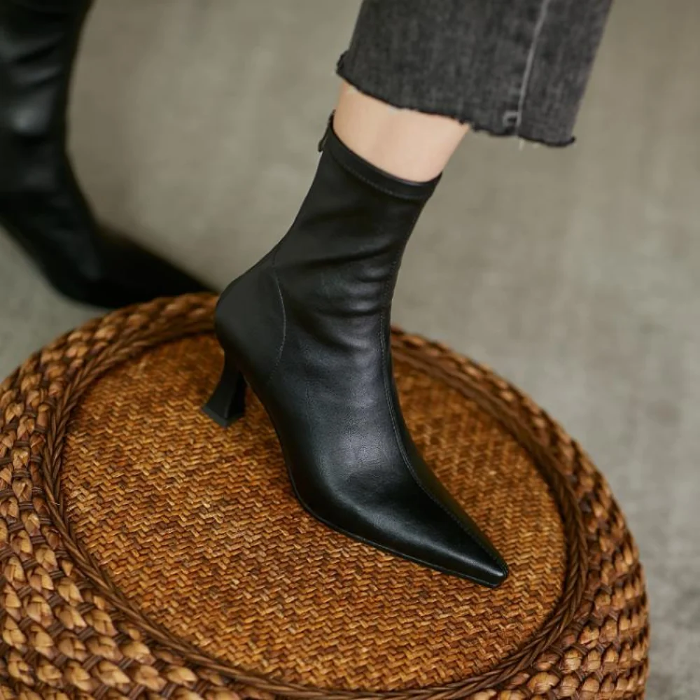 Women's Boots Round Toe Kitten Heel Zipper Short Ladies Mid-calf Boots Fashion Solid Color PU Leather Mature OL Female Shoes