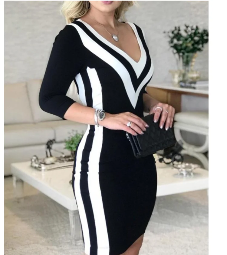 Women Sexy V Neck Long Sleeve Party Dress Striped Tape Bodycon Dress