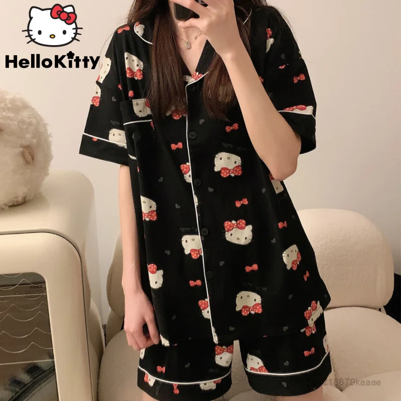 

Sanrio Hello Kitty New Pajamas Set Women Summer Short Sleeve Top Shirts Sorts 2 Piece Home Suit Y2k Cute Clothes Thin Sleepwear