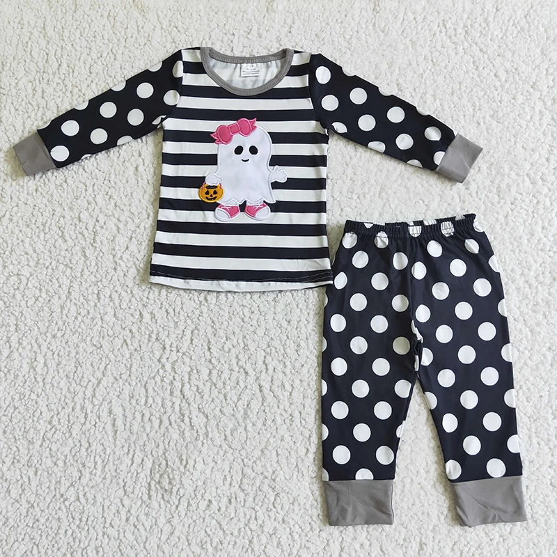 

Halloween Baby Girl Ghost Embroidery Cotton Pumpkin Nightwear Children Set Dots Pants Wholesale Kid Outfit Toddler New Pajamas