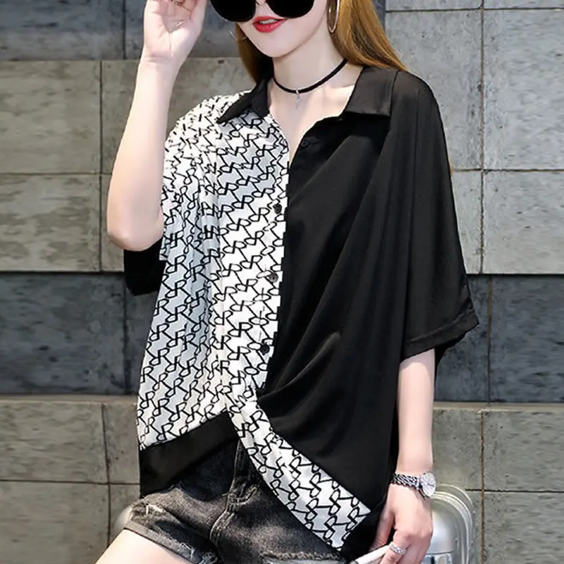 

Streetwear Printed Patchwork Shirt 2023 Summer Half Sleeve Female Clothing Stylish Single-breasted Casual Polo-Neck Loose Blouse