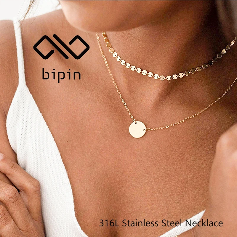 

Bipin Women's 13 mm Layering Necklace Stainless Steel Round Pendant 2 Pieces Necklace Set