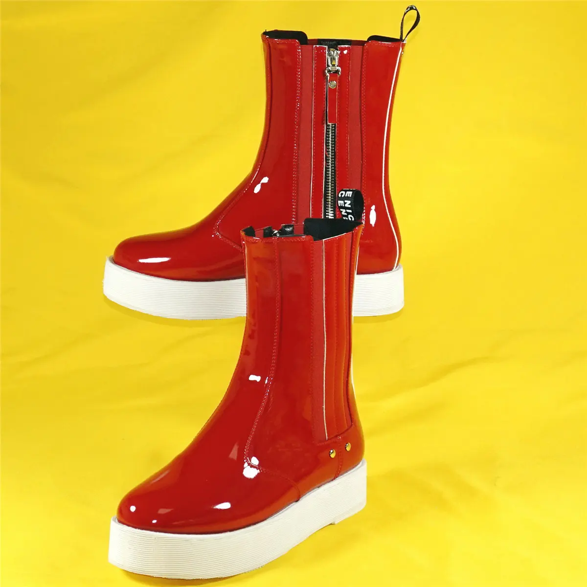Red Fashion Sneakers Women Patent Leather Flat With Platform Pumps Female High Top Med Heel Round Toe Ankle Boots Casual Shoes