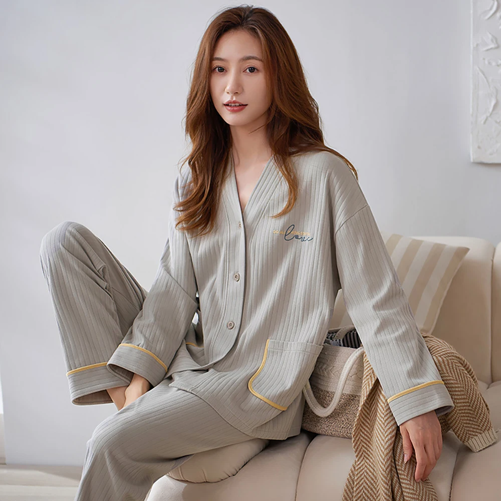100% Cotton Breathable Women's Pajamas Spring Autumn Casual 3XL Home Clothes Sexy V Neck Solid Striped Long Sleeve Pajama Sets
