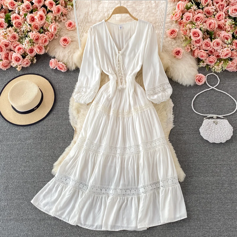 

Boho Style White Dress Female Summer Fairy Seaside Holiday Long Dress V-neck Hook Flower Hollow Dress 2022 New Women Beach Dress