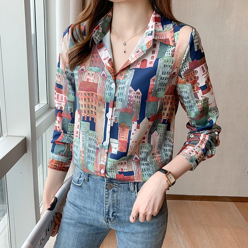 

Chiffon Women's Blouse Polo Girl's Shirt Print Leisure Top Spring Long Sleeve Loose Fashion Lady Clothing