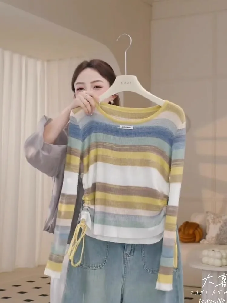 Spring and Autumn Winter Striped Knitted Bottoming Shirt Long sleeve Women's Clothes 2024 New Popular Top Graceful Sweater