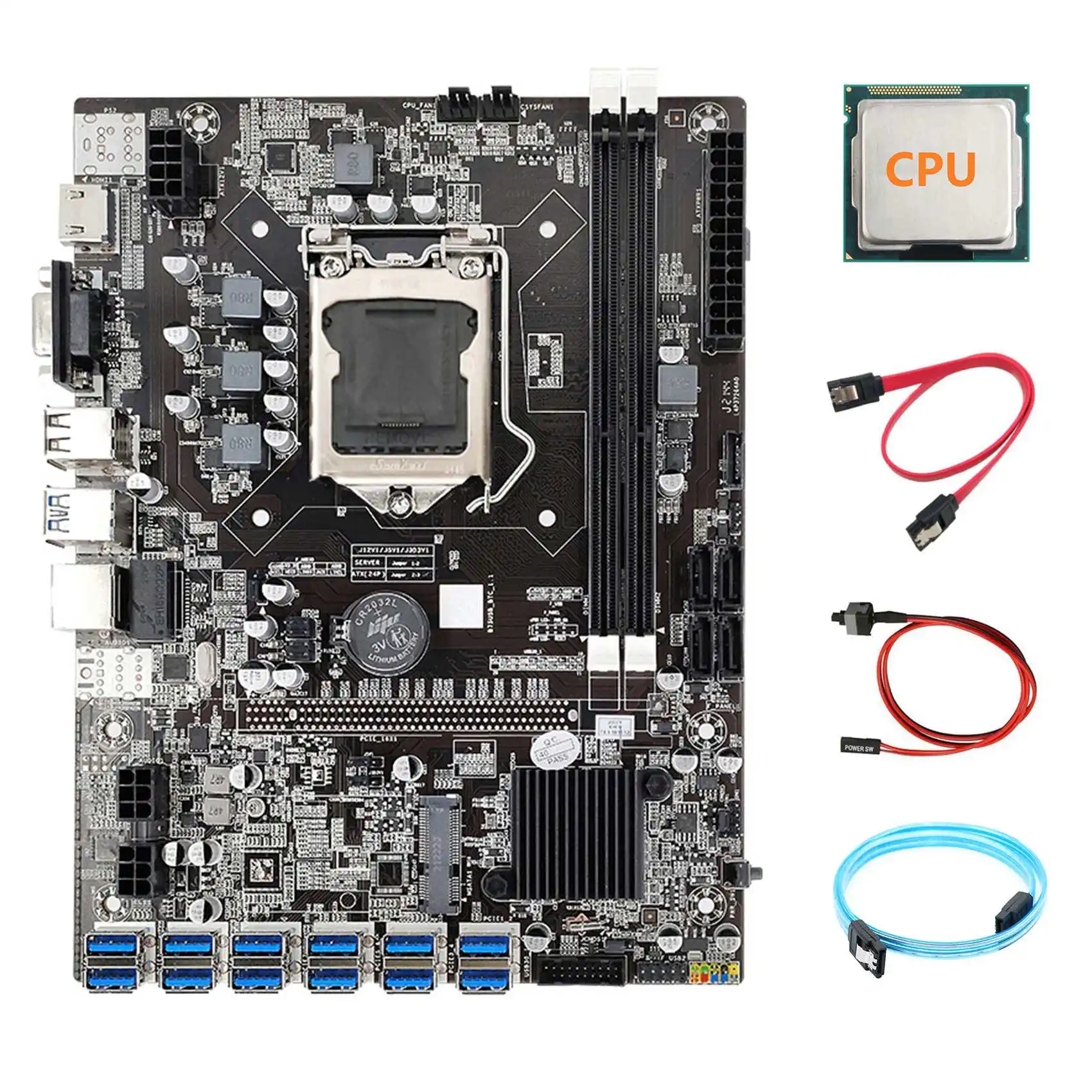 B75 ETH Miner Motherboard 12 PCIE to USB+Random CPU+SATA3.0 Serial Port Cable+SATA Cable+Switch Cable LGA1155 Board