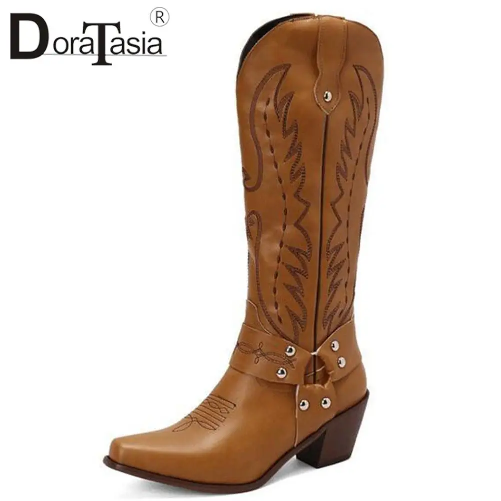 Brand Design Female Vintage Western Boots Fashion Embroider Sewing Chunky High Heels women's Boots Casual Cowgirl Shoes Woman