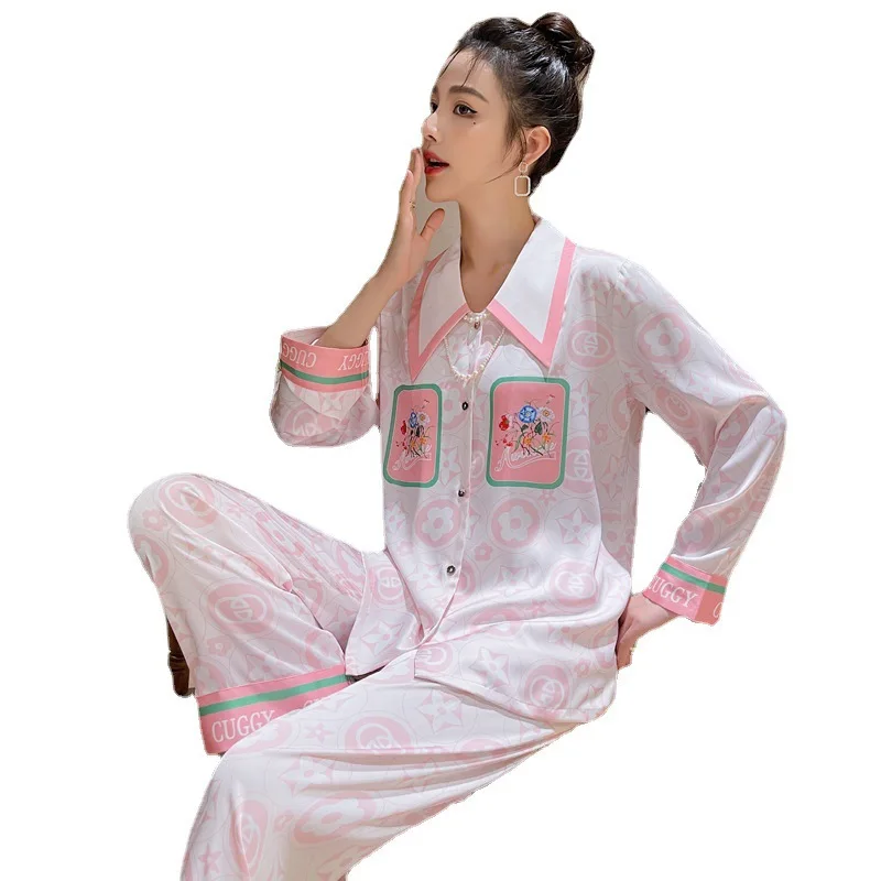 Ice Silk Pajamas Women's Suit 2023 Spring and Autumn Long-Sleeved Trousers Cardigan Printed Large Lapel Can Be Outerwear Homewea