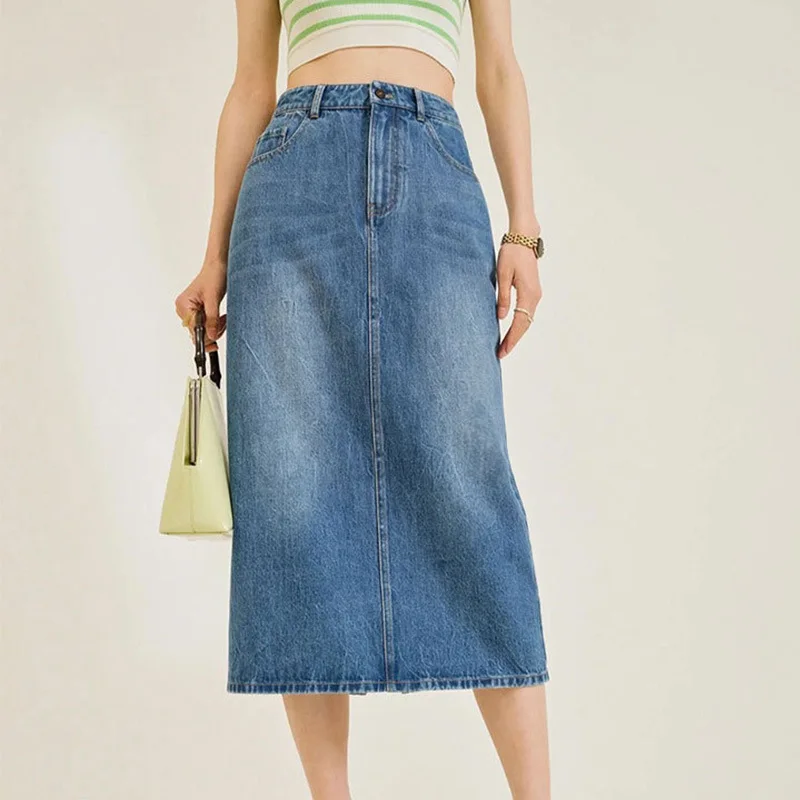 2022 Fall New Ladies Blue High Waist Denim Midi Skirts Women's Slit Bag Hip Midi Skirts Female Casual Office Wear