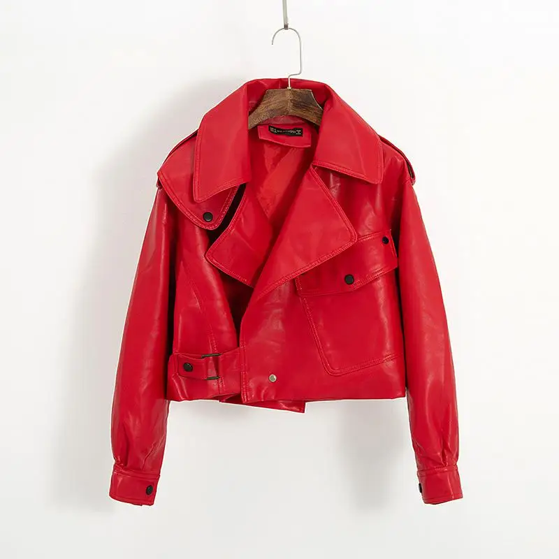 Spring Women Faux Leather New Jacket Biker Red White Coat Turndown Collar PU Motorcycle Jackets Loose Streetwear Outerwear 2023
