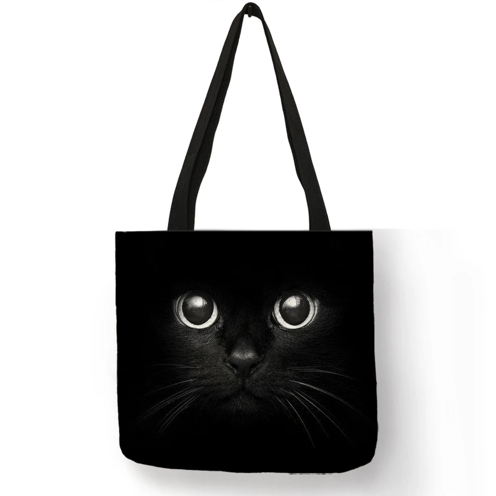 Bolsas de compras plegables de tela para comestibles, bolso de mano con estampado de gato negro bonito para mujer, bolsos de hombro de viaje escolar con personalidad