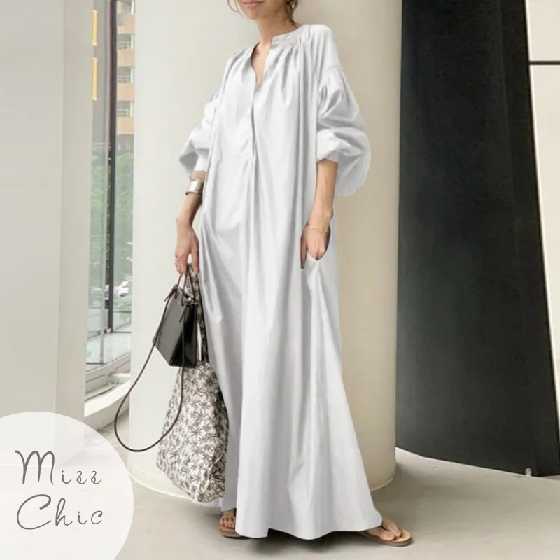 

Temperament Commuting White Cotton Linen Dress Oversize Elegant Solid Shirt Women Maxi Vestidos Female Lantern Sleeve Robe 2023