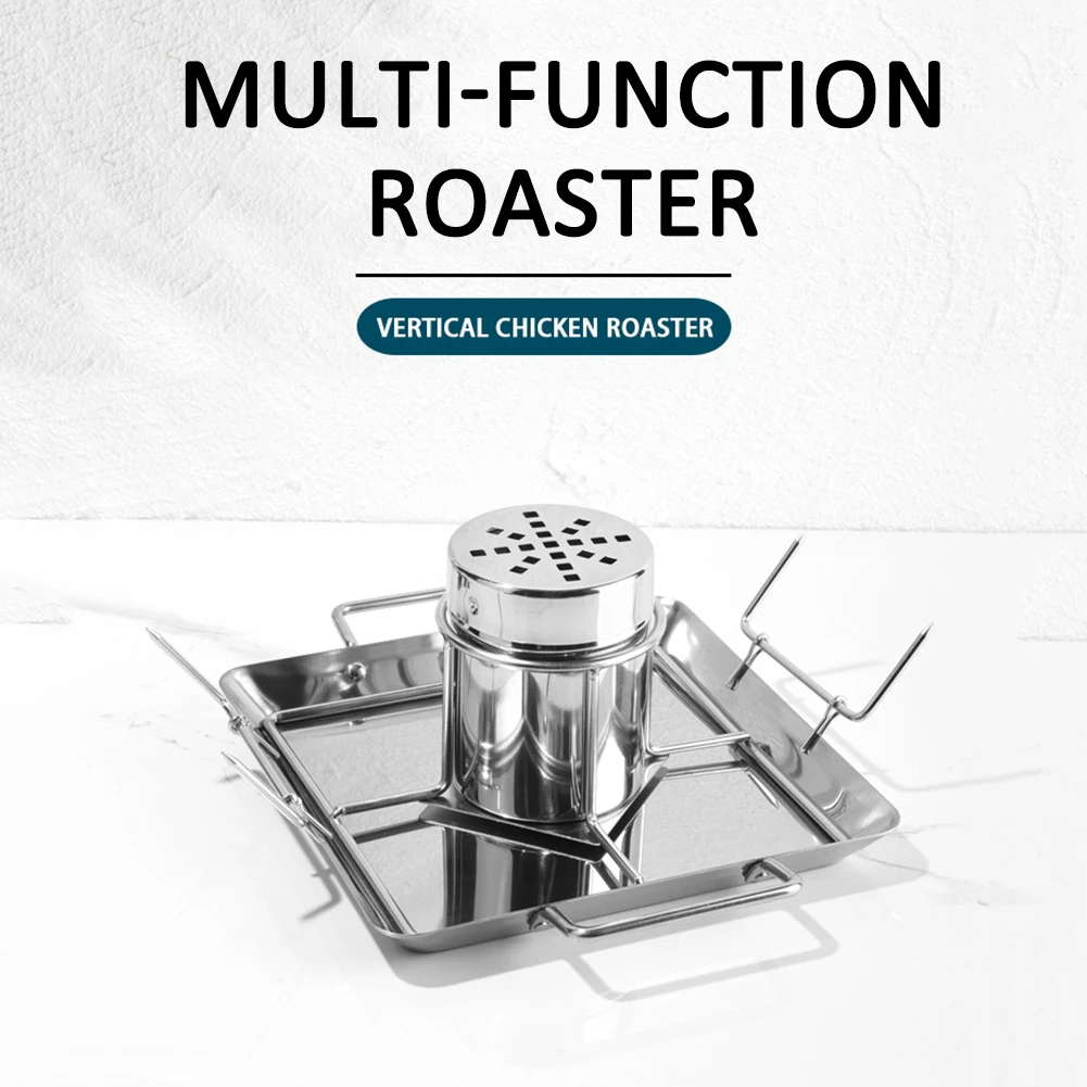

8 inch Stainless Steel BBQ Chicken Roaster Tray Oven Roasting Pan Barbecue Plate Grill Rack Outdoor Camping Cooking Supplies