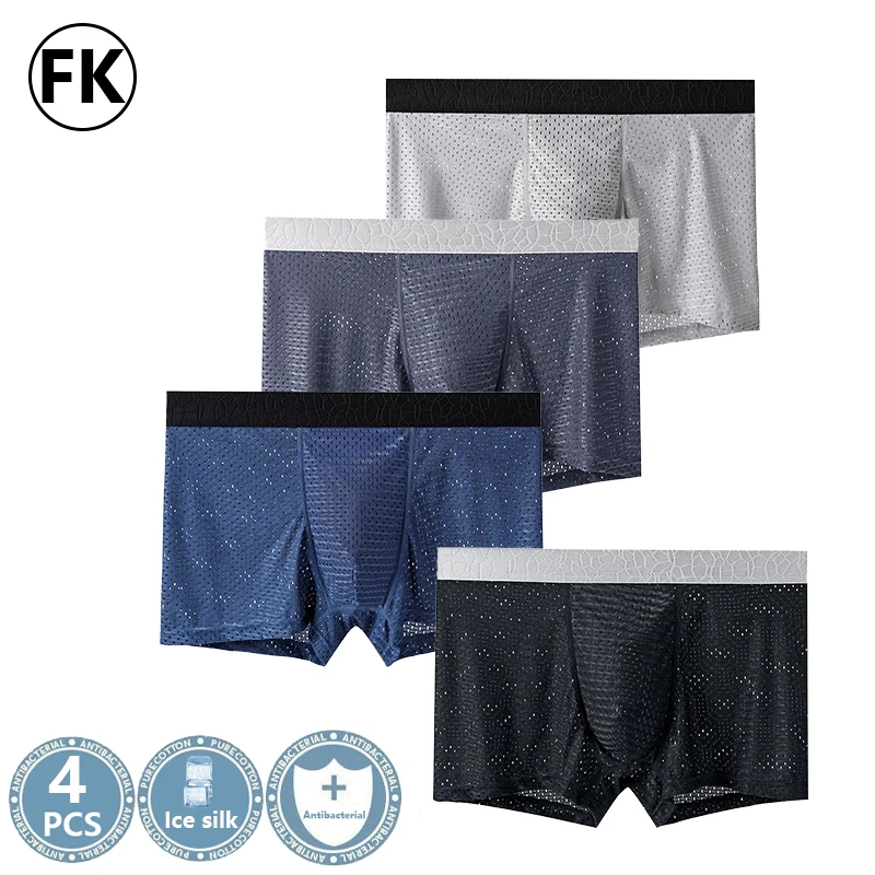 FK 4pcs Men's Panties Male Underpants Man Mesh Shorts Boxers Underwear Ice silk Homme Calzoncillos Bamboo Hole Free Shipping
